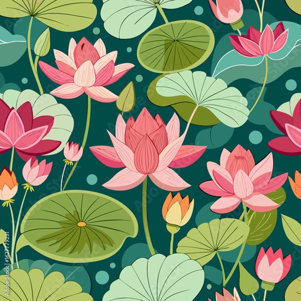 Fototapeta Vibrant pink and red lotus flowers bloom amidst lush green lily pads