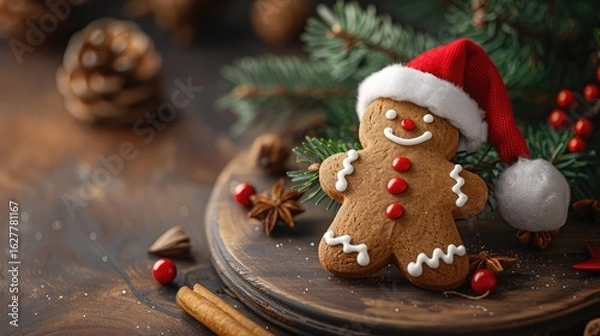 Fototapeta Gingerbread man cookie wearing a red Santa hat, placed on a wooden plate. Surrounding elements include pine branches, red berries, and cinnamon sticks.