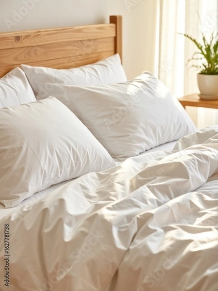 Fototapeta Cozy morning routine in a bright bedroom soft bedding natural light relaxed atmosphere