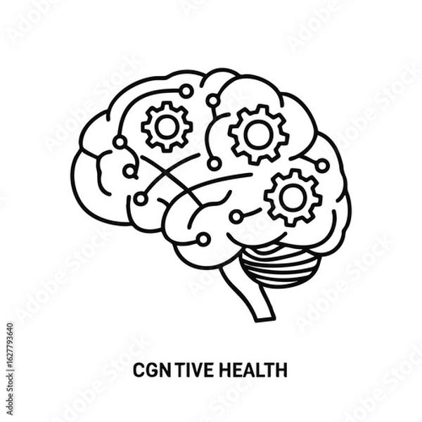 Fototapeta This abstract line art illustration showcases a human brain with internal gears and circuits, representing cognitive health, intelligence, and complex mental processes.