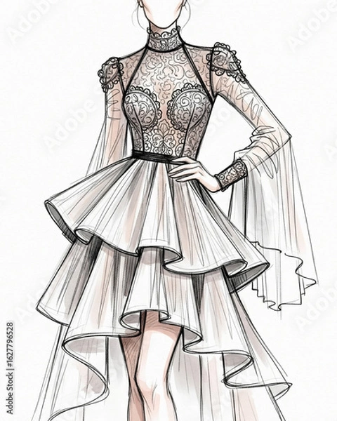 Fototapeta An elegant gown sketch with a high-low A-line silhouette. This dress features intricate lace details on the sheer top, unique bell sleeves, and a layered skirt with voluminous pleats.