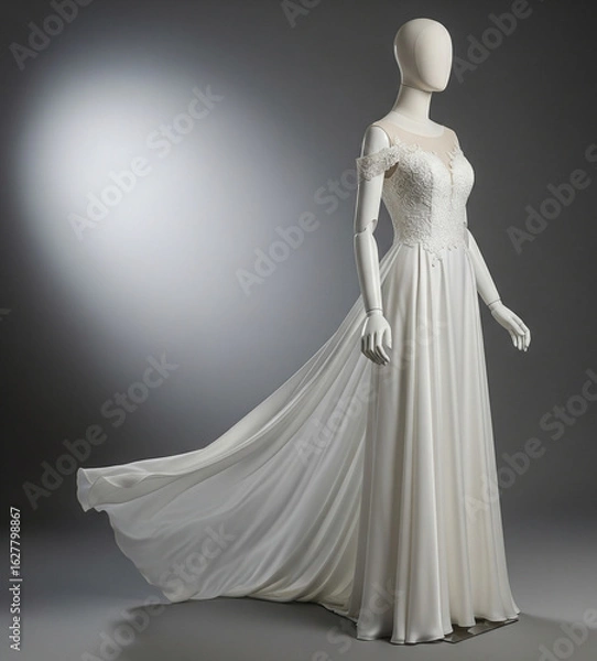 Fototapeta An elegant white wedding dress, displayed on a mannequin against a gray background. The dress features an off-the-shoulder style with lace details at the bust and shoulders.