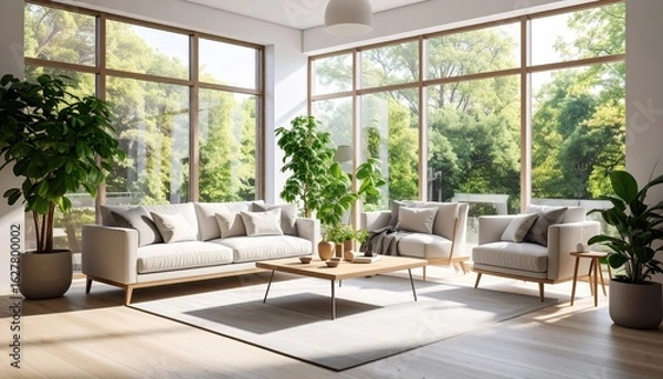 Fototapeta Modern Living Room with Lush Greenery View
