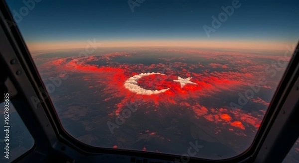 Fototapeta Symbol in the Sky: Turkish Crescent and Star from the Cockpit

