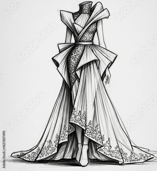 Fototapeta Monochromatic sketch: A long dress with an asymmetrical cut and a voluminous construction at the waist and shoulders.
Perfect for a haute couture runway look.