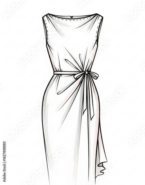 Fototapeta A simpler, more minimalist dress design. This dress features a fitted sheath cut with a boat neckline and a bow detail tied at the waist, creating an elegant silhouette.