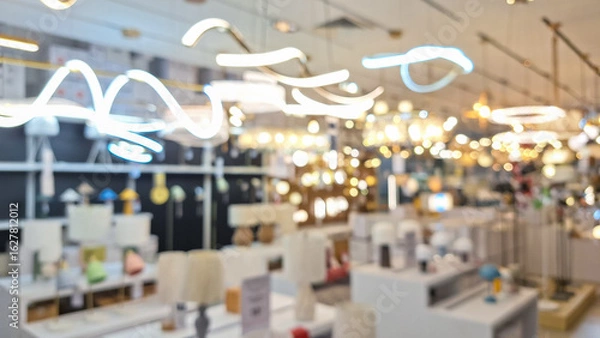 Fototapeta Blurred image of interior of a lighting or electric light store or a section within a larger retail establishment that specializes in lighting fixtures and related products.