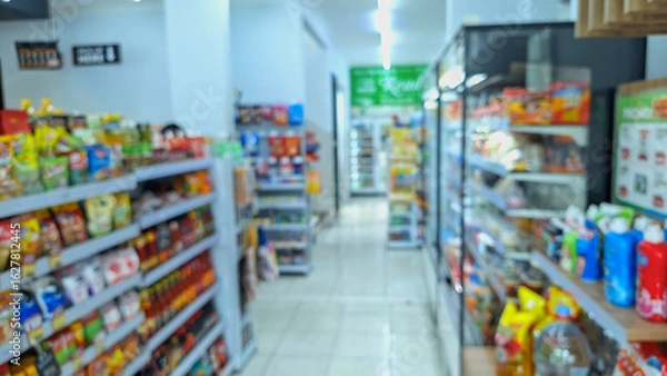 Fototapeta defocused abstrack background of aisle of minimarket or convenience store. Grocery shopping concept