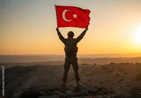 Fototapeta Turkish Soldier Holding Flag on Cliff During Golden Hour