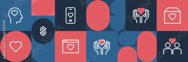Fototapeta Abstract Featuring Hearts, Hands, Dollar Sign, Technology, and People on Geometric Shapes