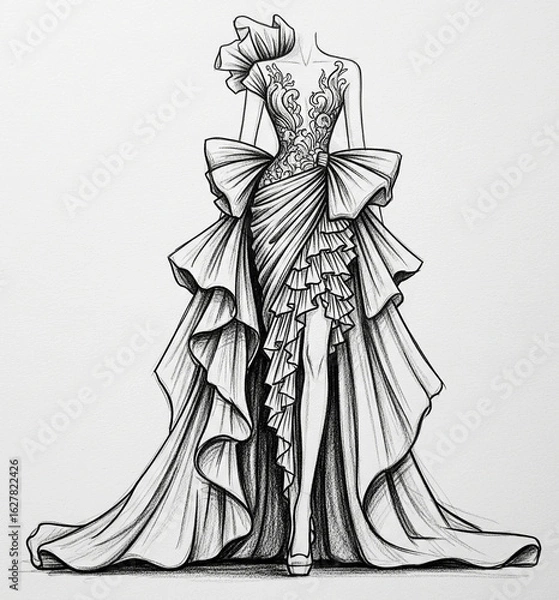 Fototapeta Monochromatic sketch: A long dress with an asymmetrical cut and a voluminous construction at the waist and shoulders.
Perfect for a haute couture runway look.