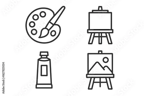 Fototapeta Art tools outline: palette, paint tube, easel, canvas with landscape drawing