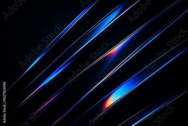 Fototapeta Black background with sharp neon prism streaks in red, blue, violet, pink, and white. Abstract minimalist 3D glass shapes. Light beam reflection, color gradient, metallic glow, iridescent shine
