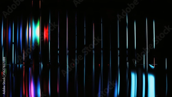 Fototapeta Black dark navy blue red cyan violet teal neon abstract background. Color gradient stripes and glowing lines. Iridescent reflections, glass light streaks - 3D render iridescent glass shape