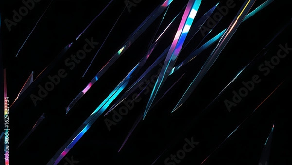 Fototapeta Black dark blue violet cyan teal neon abstract background. Iridescent glass light streaks 3d render in motion. Color gradient ombre blend. Glossy sharp shapes. Bright flash glow shimmer metallic blur
