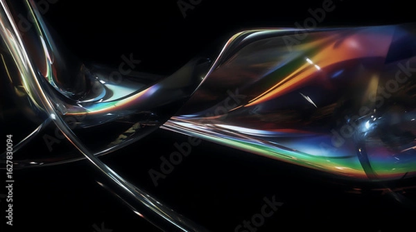 Fototapeta Abstract 3D render with flowing iridescent glass ribbons. Rainbow prism reflections and soft blur over black background. Minimalist futuristic design. Light refraction and color waves.