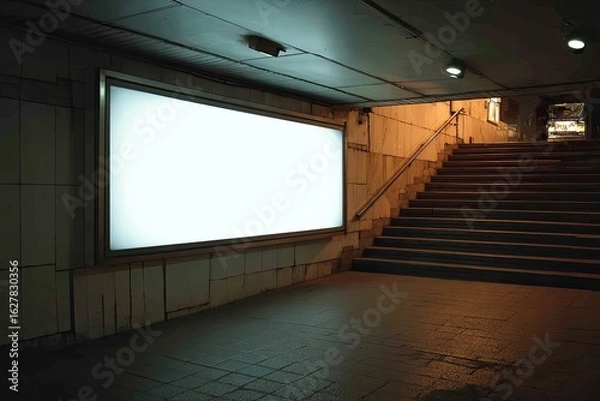 Fototapeta Blank billboard in an underground subway passageway, illuminated by ambient light