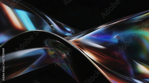 Fototapeta Abstract 3D render with flowing iridescent glass ribbons. Rainbow prism reflections and soft blur over black background. Minimalist futuristic design. Light refraction and color waves.