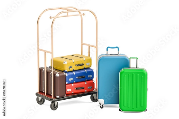 Obraz Luggage cart or hotel trolley with colored suitcases, 3D rendering