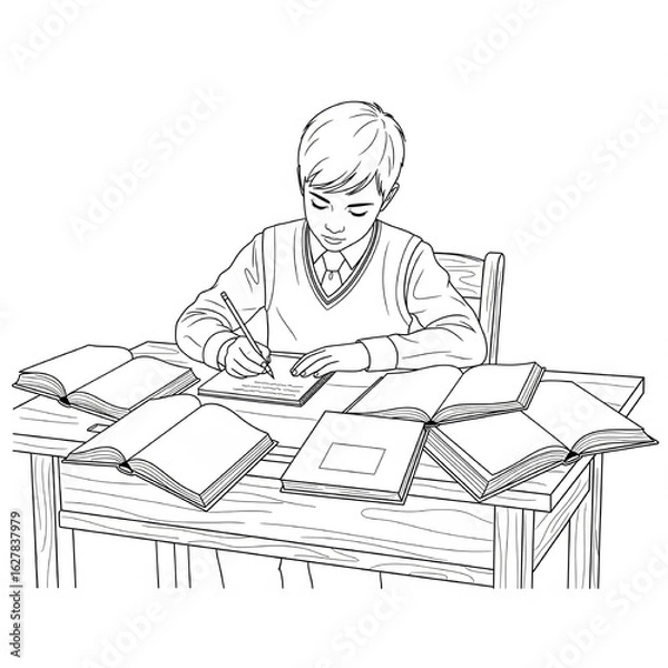 Fototapeta Black and white vector line drawing of a school 