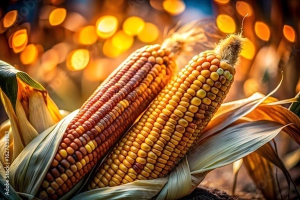 Fototapeta Harvested Corn Cobs in Autumn Field with Golden Bokeh Background