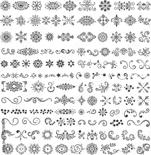 Fototapeta Set of Ornamental Design Vector Illustrations in Black Outline Featuring Decorative Swirls, Floral Motifs and Elegant Accents