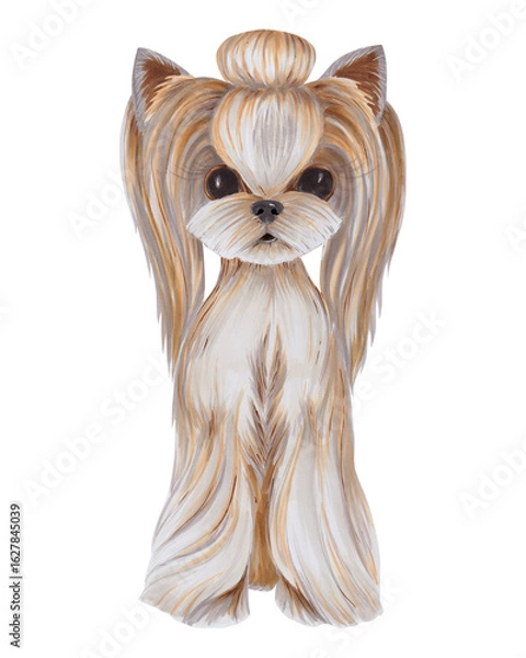 Obraz Watercolor illustration of a Yorkshire Terrier with silky fur, hand-painted on a white background. Suitable for stickers, greeting cards, scrapbooking, and design projects