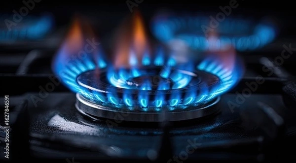 Fototapeta Close-up of burning gas burner.  Bright blue flames radiating from a round metal burner plate on a black stovetop.  Focus is on the flames and burner, with background slightly blurred
