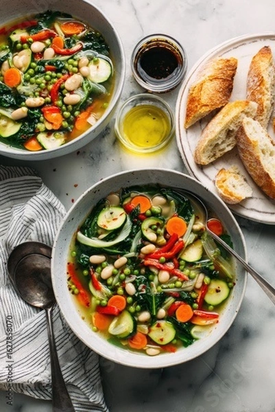 Obraz Hearty vegetable soup in bowls, with crusty bread