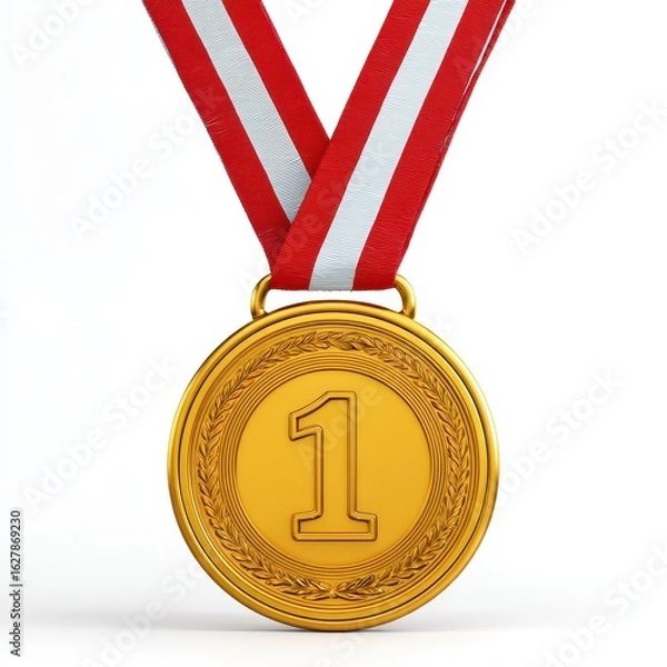 Fototapeta A gold medal with red and white ribbon.  First place award
