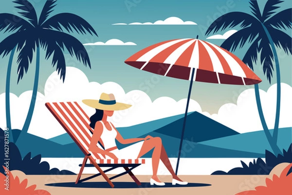Obraz Woman relaxing on a beach chair under an umbrella, enjoying a summer vacation with palm trees in background