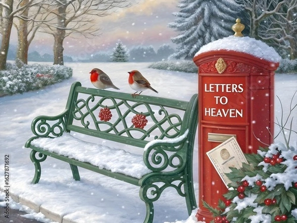 Fototapeta Two robins perched on a snow covered park bench next to a red post box with letters to heaven isolated on transparent background