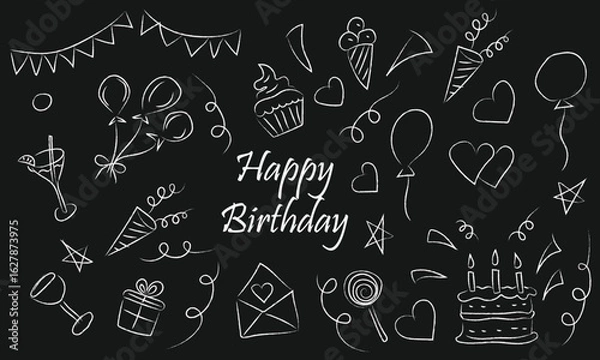 Fototapeta birthday doodle icons or elements on chalkboard background, hand drawn birthday vector element set isolated on chalkboard background , birthday icons