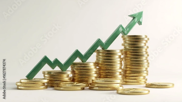 Fototapeta 金貨が積み上がり上昇する緑色矢印の投資イメージ
