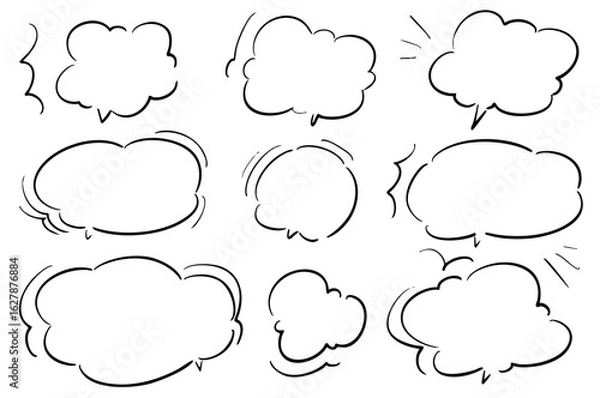 Fototapeta かわいい手書きの吹き出しセット　もこもこしたフレーム ベクター黒