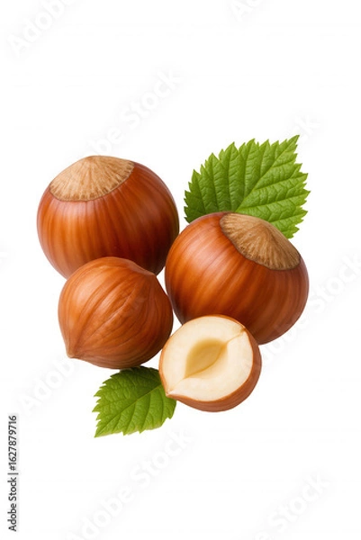 Fototapeta Whole and Halved Hazelnuts with Green Leaves, Fresh and Natural Nut Composition
