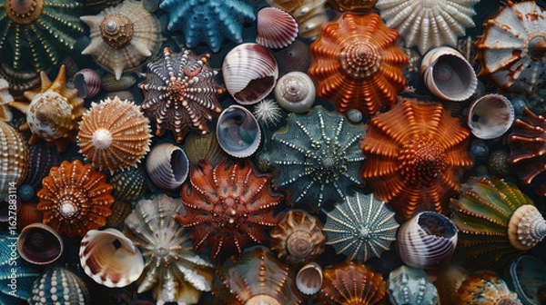 Fototapeta Close up of colorful patterned seashells and marine life on a beach