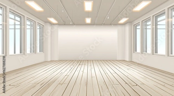 Fototapeta Empty, bright, modern room with large windows and pale wood floors