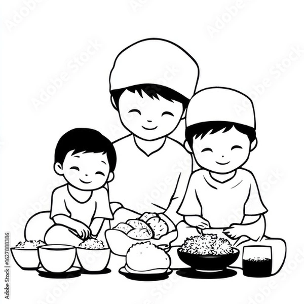 Fototapeta Minimalist contour doodle of Muslim family feasting on traditional dishes