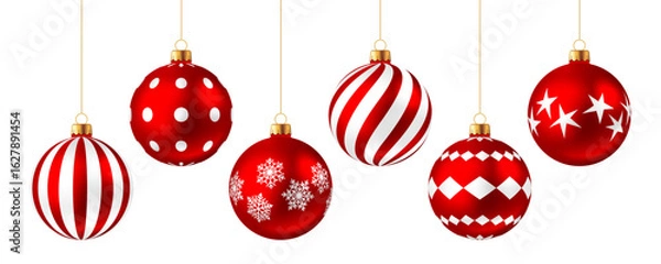 Fototapeta Christmas ball set, red baubles with pattern, ornaments