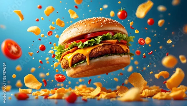 Fototapeta A juicy beef hamburger with melted cheese, fresh lettuce, and tomato on a bun