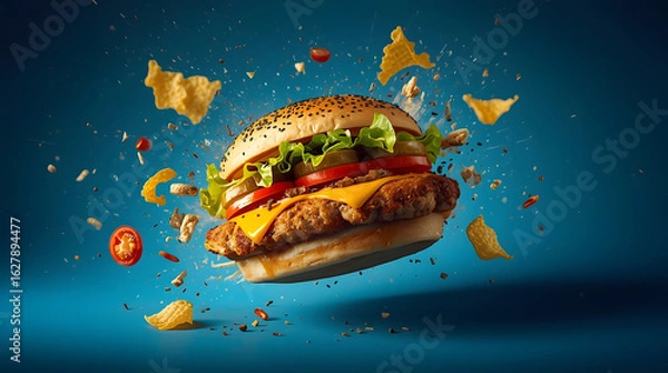Fototapeta Grilled beef hamburger with cheese, lettuce, and tomato, isolated on a white background, in a fast food illustration