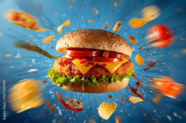 Fototapeta Two delicious cheeseburgers with beef, cheese, tomato, and lettuce, one isolated on a white background and the other on a blue background, perfect for a fast-food meal
