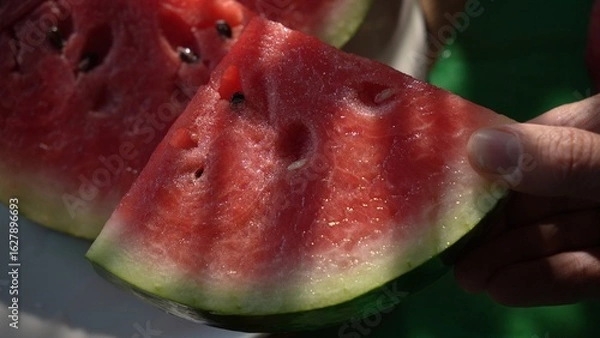 Fototapeta Hand picking up slice of watermelon from plate