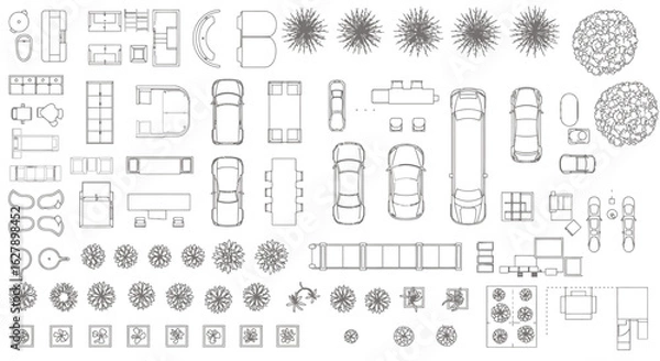 Fototapeta A top-down vector illustration presents a collection of architectural elements, including furniture, vehicles, and trees, rendered in a clean, minimalist line style for design use.