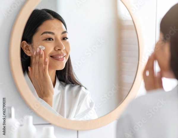 Fototapeta Smiling woman applying face cream while looking in a round mirror