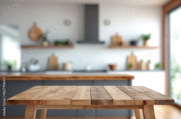 Fototapeta Blurry kitchen with wood top. Clean white bokeh. Interior design element.