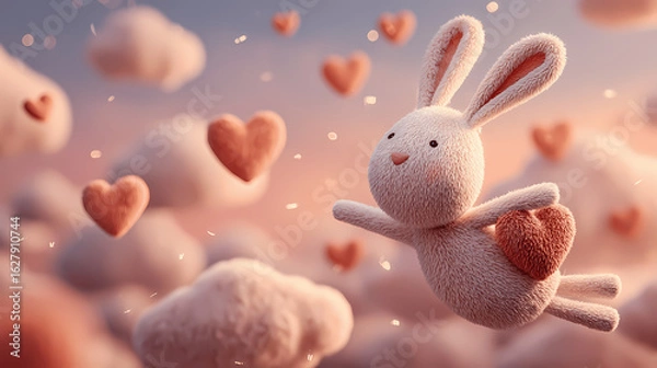 Fototapeta A charming bunny floats in a dreamy sky filled with heart-shaped clouds, expressing love.