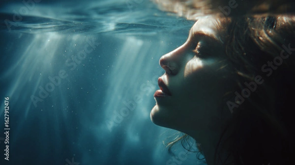 Fototapeta Artistic image of a lady under water still overwhelms swarm swamp underwater effortless siren serein calm cool unemotional