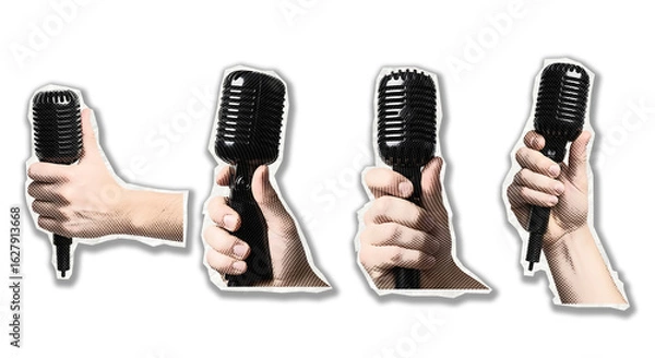 Fototapeta Set of hands holding classic retro microphones for broadcasting and interviews. Communication concept illustrations isolated on a transparent background..
